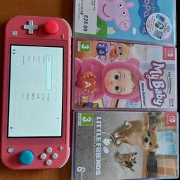 Nintendo switch lite comes with 4 games 
my baby 
little friends cats and dogs 
my friend Peppa pig 
Mario kart no box with this one come with console carry case only thing no charger with it take a Samsung charger though