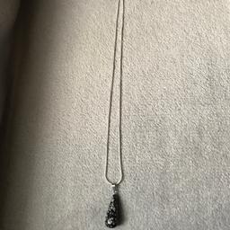 Teardrop Snowflake Obsidian Pendant With Silver Necklace.