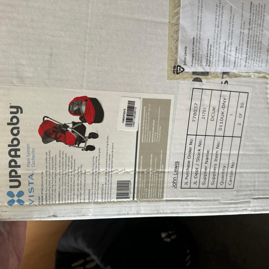 Uppababy vista complete with carry cot stroller set insect net hood and apron still in original box with tags bought from John Lewis cost £999 will deliver up to 15 miles of Manchester cash on collection pls