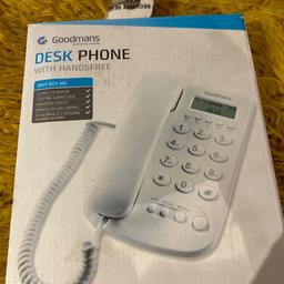 Desk phone/ landline phone. LCD Display, alarm clock, hands free facility, speaker and volume control, number memory. White. New in box. No offers please