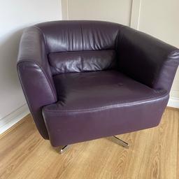 Purple leather Tub Chair £125 o.n.o
Retro Style
Good condition, slight mark can be seen in the picture and a plastic foot is missing off one of the metal legs but still sturdy.
The metal base for the legs detached from the main chair.
Collection only