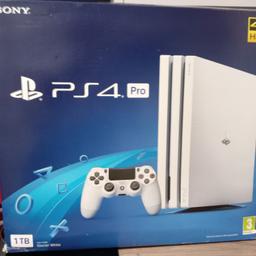 Ps4 pro white 1tb
 near enough new boxed with all original packaging.
Brilliant condition
Comes with,
9 games
2 head sets
2 controllers
All connection cables
Open to offers
Delivery available for cost