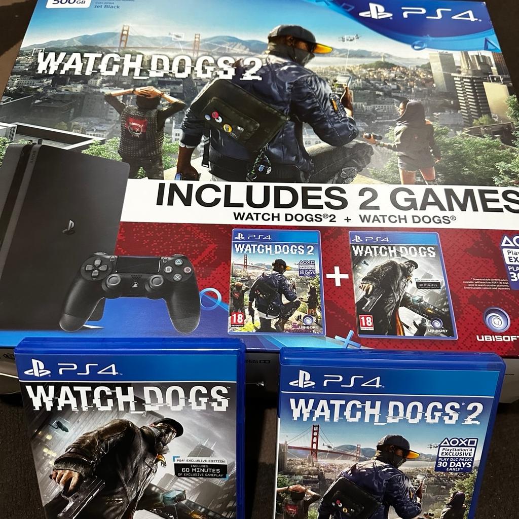 Selling my PlayStation 4 in excellent condition,

Comes with:
Original Console (slim) storage 500gb
Original box instructions manual
With games included watch dog 1 and 2 and fifa 17
Two original PlayStation controllers
Power cable, hdmi cable, charger cable all included
Preferred pick up collection only thanks.
