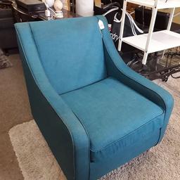 This lovely modern teal blue fabric armchair is in good all-round used condition. There are a few very faint marks on the fabric in places, otherwise it's fab!..

30 inches wide x 34 inches deep x 34 inches high.

Our second hand furniture mill shop is LOW COST MOVES, at St Paul's trading estate, Copley Mill, off Huddersfield Road, Stalybridge SK15 3DN...Delivery available for an extra charge.

There are some large metal gates next to St Paul's church... Go through them, bear immediate left and we are at the bottom of the slope, up from the red steps... 

If you are interested in this or any other item, please contact me on 07734 330574, or on the shop 0161 879 9365...Many thanks, Helen.

We are OPEN Monday to Friday from 10 am - 5 pm and Saturday 10 am -  3.30 pm.. CLOSED Sundays. CLOSED Bank Holiday long weekends...