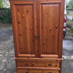Pine double wardrobe with 2 drawers at the bottom and full length hanging rail inside. Has marks from use but can be sanded & waxed or painted. Measuring 110cm wide x 59cm deep x 186cm tall. Viewing/collection is Leeds LS24 & delivery is available if required - £75