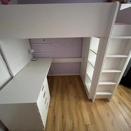 Ikea smastad high sleeper bed with desk amd wardrobe built in, white colour.
Wardrobe and desk with 4 drawers. This can be fitted for two ways.

General wear and tear, only selling as my daughter is too old for it now. 

Mattress not included. 

Will strip for collection. 
Collection only from bierley.

Scammers please don’t waste my time.