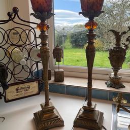 Large vintage pair of heavy metal table lamps
Thes are very heavy quality table lamps 65cm high. 
Heavy metal base with glass shades .
Victorian style. In good working order.
Viewing welcome