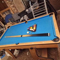 BCE Table Sports pool table, inclusive of cues, balls, and triangle. This foldable design maximizes space efficiency, offering convenience without compromising on quality gameplay experience.

Serious offers only no time wasters.