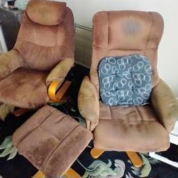 Two Brown Recliner Armchairs with Footstool, in good condition. From smoke free and pet free home. Might need recovering. Ring or text 07522661348.
