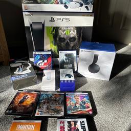 PlayStation 5 boxed, no marks or scratches anywhere, PlayStation vr2 boxed, no marks or scratches anywhere, all cables with both. Wireless pulse 3D headphones, boxed with no marks or scratches, media remote boxed, no marks or scratches. Duel charging stand for ps5 controllers, boxed, no marks or scratches. Psvr2 led light up stand with built in charging dock for vr2 sense controllers. 2 ps5 games (Grand tourismo 7 and village) and 5 ultra HD 4k movies.
Any questions, or for more photos please message.