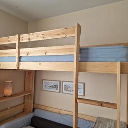 High sleeper loft bed and bookcase, solid pine, excellent condition, ladder could be on the left or on the right side.
The bed is like new, very little use. Mattress, pictures and other objects are not included. We have had a small sofa and small desk under the bed.
From smoke and pet free home.
Collection Thrybergh, Rotherham 
We will be able to help with dismantling it, but you will need a van or a long car to collect. 
Many thanks