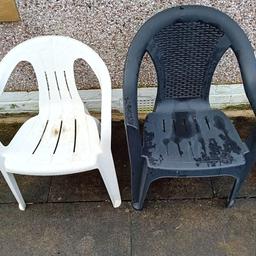 2x Plastic garden chairs 1 in black and 1 in white different designs -  could do with a clean as been used and kept in garden all year round However does not affect the use of in any way and still overall good usable condition 

NO DAMAGE OR ISSUES 

Postcode For Collection Is BD2 4BS - Just off Queens Road Bradford 2 

Delivery requests will incur a extra charge of minimum £10 plus