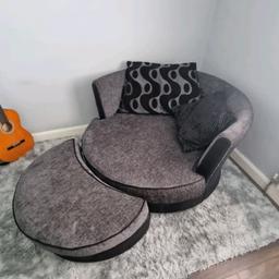 Large Grey and black cuddle chair and puff with two cushions. Good condition, £60 ono