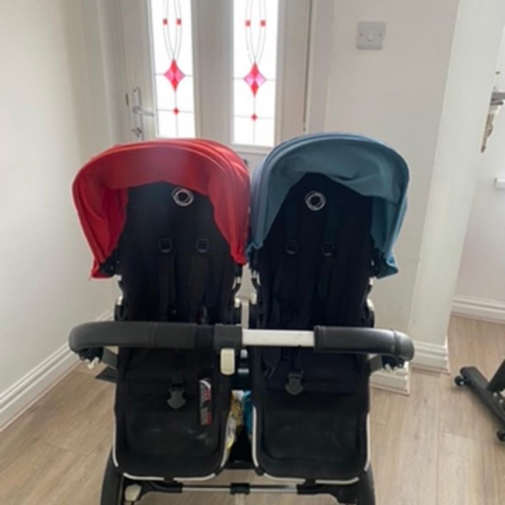 Bugaboo Donkey Duo Pushchair,
x2 Carrycot,
Twin Car Seat Adaptor for Maxi Cosi,
x2 car seats.
Good working condition, had been used and there are superficial scratches and scrapes however doesn’t affect the overall use! Can be used for new born and toddler, two toddlers, twins. The blue and red hoods can be removed and replaced as they are not fixed to pram!
Open to offers!