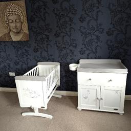 we are selling this as a 3 piece set, the cot is currently dismantled and in the garage which is why there is no picture, the crib and changing unit come with it, this has a retail value of over £500, it does come with a bit of wear and tear however overall the condition is good, there are a couple of marks on the changing unit but nothing a little splash of paint can't fix, also comes with the mattress both cot and crib, changing mat and other bits, can deliver for a cost depending on distance.