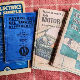 Four motoring books.
Car Electrics Made Simple 1975. Know your Car 1940's. How it Works The Motor Car 1971, Petrol and Oil Engine Differences 1950's.

Interesting reads, condition no rips or tears but some bending and wear to covers.

£8.00 + p & p