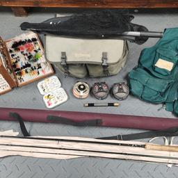 1 x house of hardy gem 10ft #7 305cm fly rod with bag and case excellent condition
1 x house of hardy gem series 5/6 fly reel
2 x leeder fly reels
1 x lineaeffe extendable landing net
1 x Wychwood tackle bag needs a clean but in good condition
over 4oo flys
1 x cosh
hardy rod and reel probably worth £300+ on there own and must be about £150+ worth of flys not used