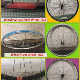 26 inch Bike Front Wheel.

For bike with front rim brakes.
Choose from 3 sorts.
-------------------
Option 1:
26 inch Carrera Front wheel.  £15
Double Wall Rim
36 spoke
Quick Release.
Suit tyre sizes: 1.50 to 1.75 

Suit Road Bike, or similar narrow tyres.
The outside of the rim measurement is just over 22mm.
-------------------
Option 2:
26 inch Front wheel – Alloy:  £15
Single Wall Rim
36 spoke
Suit tyre sizes: 1.75 to 2.10 Tyres
-------------------
Option 3:
26 inch Front wheel - Black.  £15
Single Wall Rim
36 spoke

Suit tyre sizes: 1.75 to 2.10 
-------------------
Collection: is always preferred. (from near B69 3DB – Oldbury Town Centre).
-------------------
Cheapest UK Delivery is Evri Couriers for £4.44 
-------------------
I have produced YouTube video demonstrations for each of these wheels. 

https://youtu.be/f7D-nHRutK8