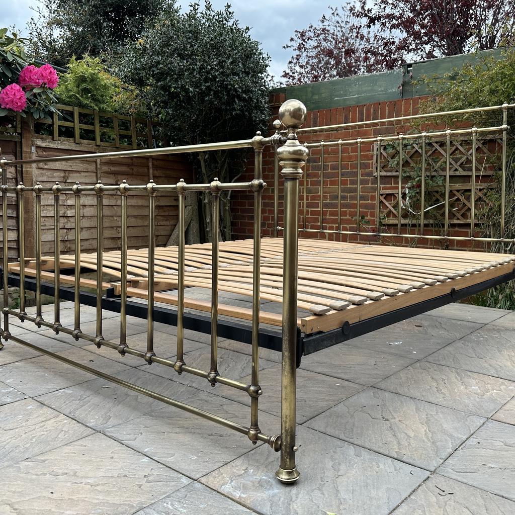 This very beautiful Marks & Spencer Brass Super King Size bed-frame is in a superb used condition. Hours have been spent on this bed for the brass to be hand polished using brass a cleaning material and looks much better again. Therefore, there are some minor scratches, nicks, tarnish, and blemishes. No issues. Please see photos.

This timeless classic M&S Victorian style brass bed, with a pretty brass finish, the elegant styling, large cannonball knobs, detailing, twists, with beautifully high and headboard and footboard.
The bed comes with two quality slatted system bases for the mattress to sit on.

Approx.

W: 185cm

L: 216cm

H:133 X 98cm

Please see my other listings

Collection from Sunbury