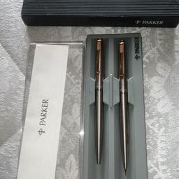 New in box, never used, not a recent gift set, nice gold colour clip on silver casings, stainless steel, Parker brand, was expensive when brought... Both working pen and pencil set... Collection only