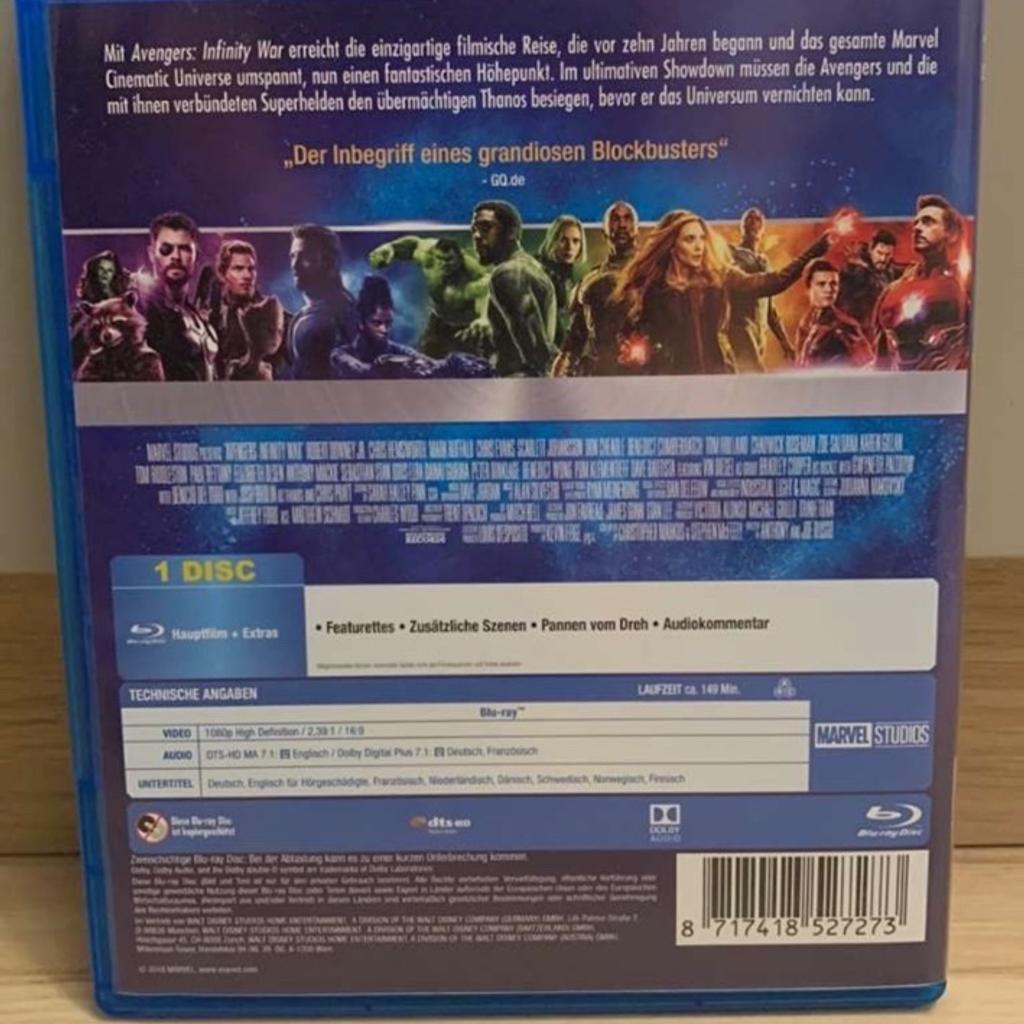 Verkaufe den Film „Avengers Infinity War“ von Marvel Studios.

Keine Gebrauchsspuren, funktioniert einwandfrei!

FSK 12
Laufzeit: 149 Minuten

!! Versandkosten sind im Preis nicht inbegriffen !!