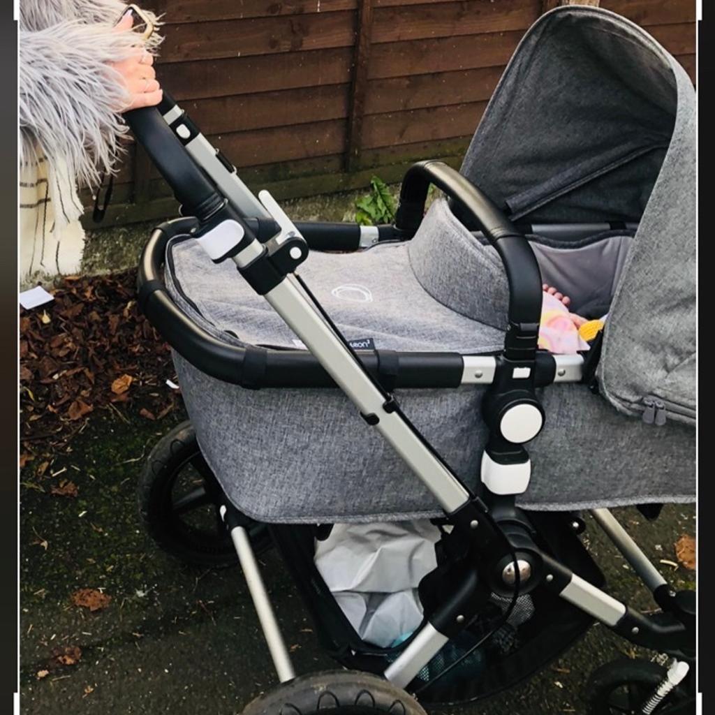 Grey bugaboo pram cosy toes . Car seat has been used twice . Bugaboo bag changing mat good condition 07845696010