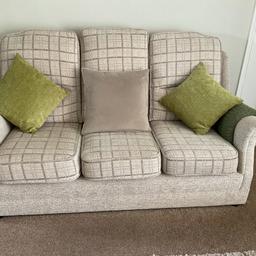 Three seater sofa arm chair and matching large stool.Cushions can be reversed.
Good condition.Meets all fire safety regulations.£250.00.