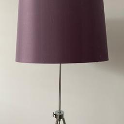 John Lewis chrome adjustable tripod lamp stand with shade.
Adjustable height – fully extended with shade approx 161 cm, lowest height 136cm
Standard fit screw bulb 60 watt (not included)
Silk finish effect shade (light plum)
Shade height 27cm, shade width 40cm
Great condition

Collection only