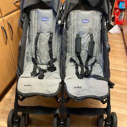 Chicco echo in grey and black lovely double buggy been used abit but still in great condition wheels are in perfect shape handles have some slight dents from storage both seats work fine chest pads only come with one seat as lost the others whilst in storage can deliver if not too far or collection