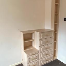 This bespoke, made-to-measure set is ready for collection and includes the following pieces, with dimensions provided in width, depth, and height (cm):

- Two Bedside Units (Tables with shelves): 40 x 48 x 110 each
- Chest of Drawers: 87 x 48 x 110
- Corner Chest of Drawers: 225 (curved to approx. 120) x 48 x 110

The furniture has been thoroughly cleaned and is prepared for immediate collection. The set is available for sale due to a bedroom renovation.