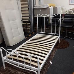 This white metal 3ft single bed frame is in good all-round used condition. Maybe an odd mark on the frame..

The frame on its own is £60. Good quality named mattress's available from £76.

Our second hand furniture mill shop is LOW COST MOVES, at St Paul's trading estate, Copley Mill, off Huddersfield Road, Stalybridge SK15 3DN... Delivery available for an extra charge.

There are some large metal gates next to St Paul's church... Go through them, bear immediate left and we are at the bottom of the slope, up from the red steps... 

If you are interested in this or any other item, please contact me on 07734 330574, or on the shop 0161 879 9365...Many thanks, Helen. 

We are OPEN Monday to Friday from 10 am - 5 pm and Saturday 10 am - 3.30 pm... CLOSED Sundays. CLOSED Bank Holiday long weekends...