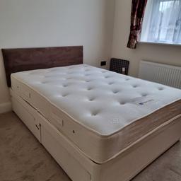 Double Divan bed with 4 drawers in good working condition. Comes with headboard, the mattress is made with pocket springs, it has some age related wear, the stains are from a drink spill. it's been used as a spare room bed, so wear is very minimal.
The bed is very comfortable, it's a Furniture Village product so quality is very good. You won't be disappointed.

The base comes in 2 parts so easy to transport.

pick up only and cash on exchange