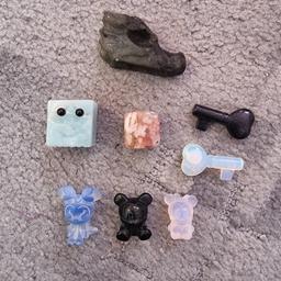 Lab dragon head £6, Carribean pet rock £5, Flower agate cube £4, 2 Keys blue sandstone and opalite £5 each and 3 cute carvings blue opalite, obsidian and pink opalite £6 each