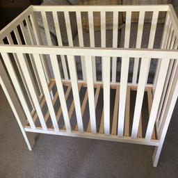 Mamas and Papas Elementary cot. Approximately 40cm x 100cm. Mattress included if required. Used only a few times for visiting grandchild. Has two positions for mattress to make deeper as child grows.