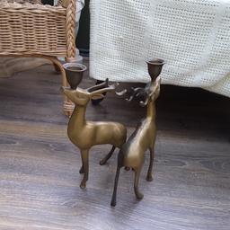 Pair of solid brass reindeer candle holders one side has discoloured from the fireplace 9" tall, collect from sidcup DA15