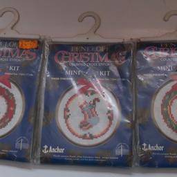 I am having a clear out and selling these 3 Christmas themed mini Cross Stitch Kits as a job lot. I will not separate and price shown is for all 3 kits. They have been stored for while so packaging is damaged. Kits come with the gold coloured decorative hoop to display. Finished size is 7.5cm (3") diameter.

I am willing to post in the UK and cost will be checked upon request.