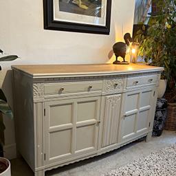 Newly refurbished solid wood sideboard, painting in cream dream by frenchic with stunning stripped back and refinished top. solid brass vintage hardware added £395 collection SM1 or national delivery available