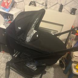 From birth to 15kg
3 parts
Carry cot ( comes with rain cover) 
Car seat ( comes with new born support and adapters to go on to pram )
Pushchair ( comes with rain cover, cozy toes,)
The only thing it needs new straps that can be bought on Amazon or Joie site- any universal straps can be used 
This pram folds away