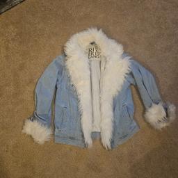 River Island 
Denim
Blue and white
Fur Trim
Jacket / Coat
Fur is removable 
Size UK 8 - would also possibly fit Uk 10
Very good like new condition