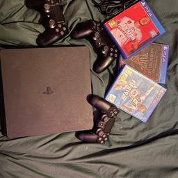 PS4 console with 3 controllers and 3 games.

2 controllers are original PlayStation controllers, 1 is not. However they all connect and work with the console. 
Comes with power supply cable and HDMI cable. 

Some marks on the bottom however it does not impact the function whatsoever.

Open to offers. Please keep offers sensible.