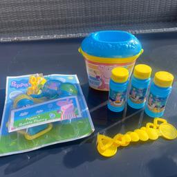Peppa pig bubble collection. 
Bubble gun with bubbles and little bucket with 3 packs of bubbles and blowers 
Bubble gun still in packaging 
All good condition