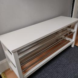 White IKEA TJUSIG Bench with shoe storage for sale.
Weight & measurements:
Width: 108 cm
Depth: 34 cm
Height: 50 cm

Has a couple of tiny marks as seen in photo.

Collection in Battersea.