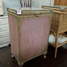 This vintage pink and gold Lloyd loom style storage basket is full of natural character! It's glass and metal top lifts up. Fair overall condition...

14 inches wide x 10 inches deep x 23 inches high.

Our second hand furniture mill shop is LOW COST MOVES, at St Paul's trading estate, Copley Mill, off Huddersfield Road, Stalybridge SK15 3DN...Delivery available for an extra charge.

There are some large metal gates next to St Paul's church... Go through them, bear immediate left and we are at the bottom of the slope, up from the red steps... 

If you are interested in this or any other item, please contact me on 07734 330574, or on the shop 0161 879 9365...Many thanks, Helen.

We are normally OPEN Monday to Friday from 10 am - 5 pm and Saturday 10 am -  3.30 pm.. CLOSED Sundays. CLOSED Bank Holiday long weekends...
