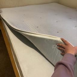 Good condition,please see attached pictures for more details,the mattress can be cleaned have only removable lints and the topper can be removable,the bed it’s in good condition,have a small brake part but doesn’t affect anything.