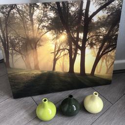 Green tree canvas and 3 green vases
