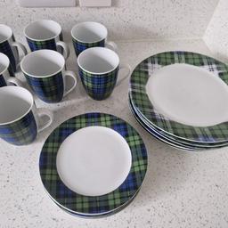 Green and blue tartan crockery
6 dinner plates
6 side plates
7 mugs

pattern fade on some of the dinner plates
all have marks from use but no chips or cracks

collection only from WV1