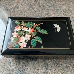 Vintage jewellery box with mother of pearl inlaid butterfly very pretty probably 70s 8 inches across collection only