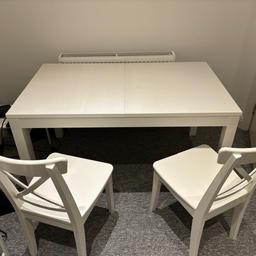 Extendable table, white, 140/220.5x84cm
Two white dining chairs with the cousins.
Used a couple of months.