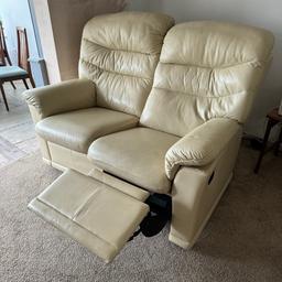 A G Plan ivory/cream leather suite with 3 electric powered reclining seats. The seats can be configured to suit your needs. There are 2 fixed seats and 3 recliners.

There are some scratches on the seats but no rips in the leather.

The electric reclining mechanism functions well.

Need collecting asap - they are solid items so will need 2 people.