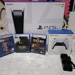 Brand new Sony PlayStation 5 disc edition comes as a bundle with 3 games also 1 extra brand new controller and a charging station too.